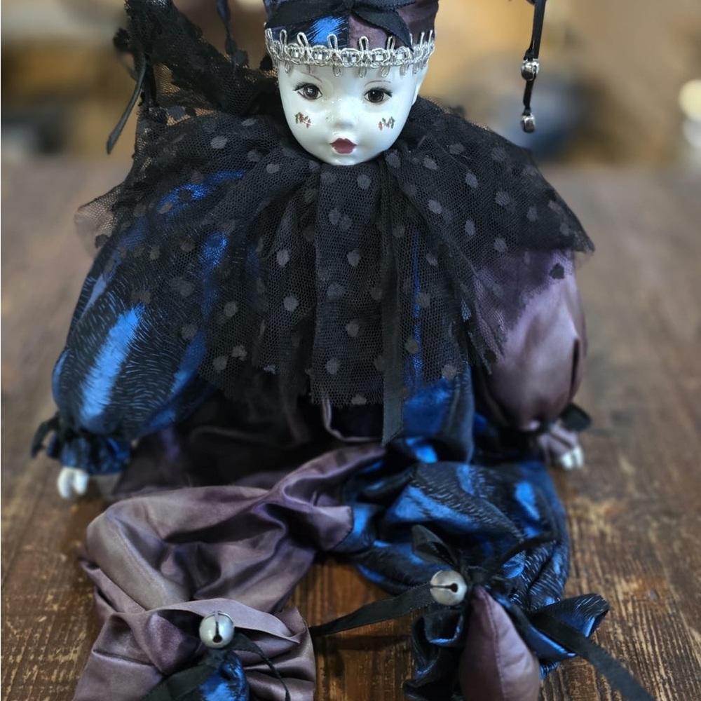 Charming Jester Doll in Midnight Blue and Plum Attire